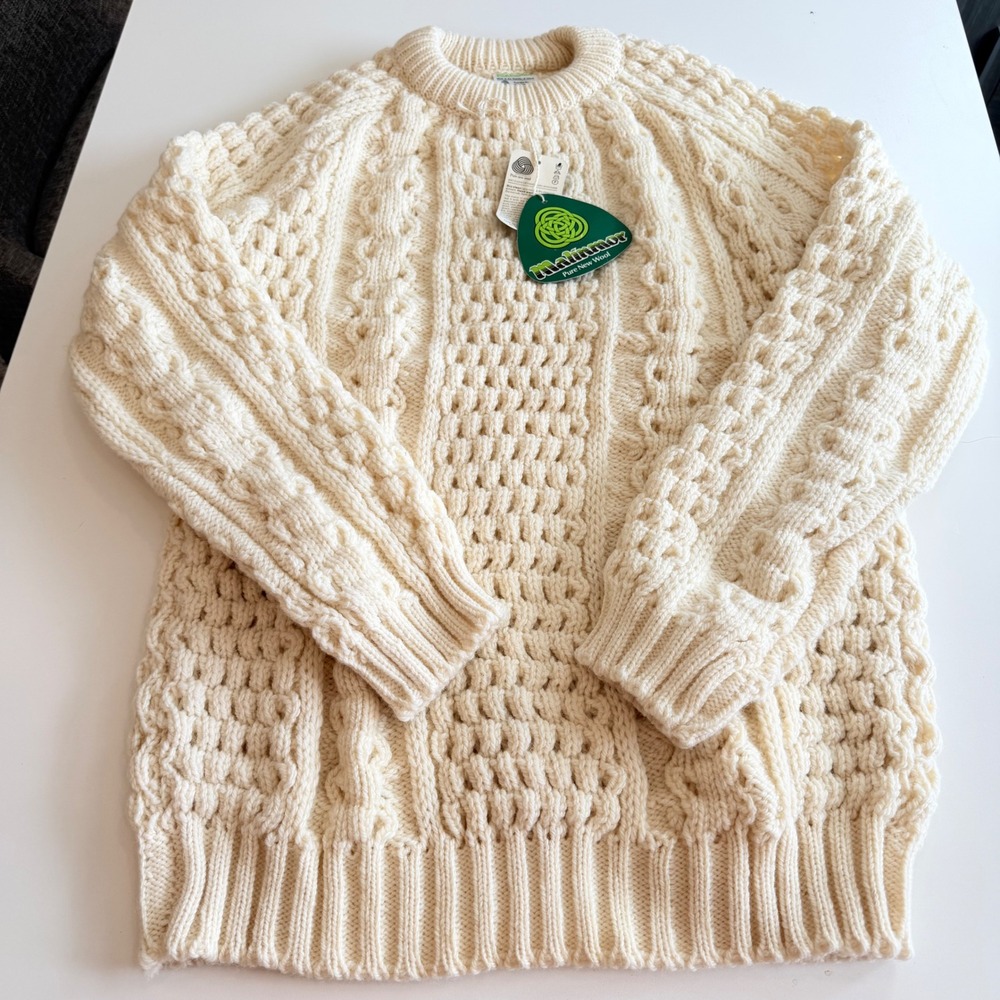 Malinmor Ireland Pure New Wool Aran Fisherman Sweater Cream Cable Knit NWT